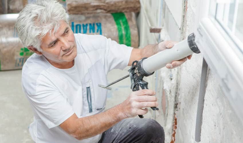 man sealing window