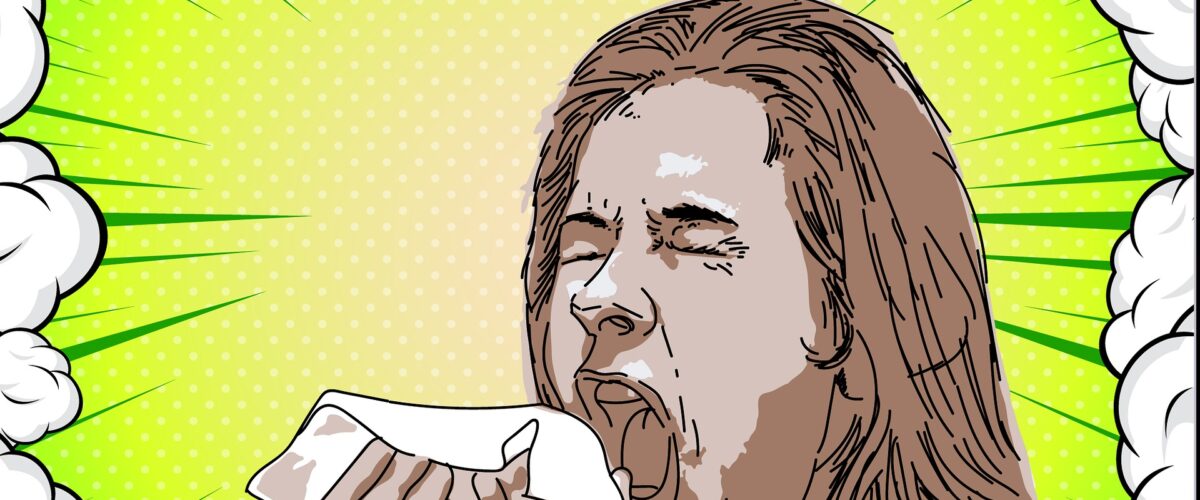 cartoon woman with tissue sneezing