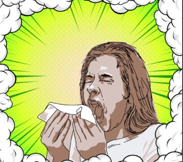 cartoon woman with tissue sneezing