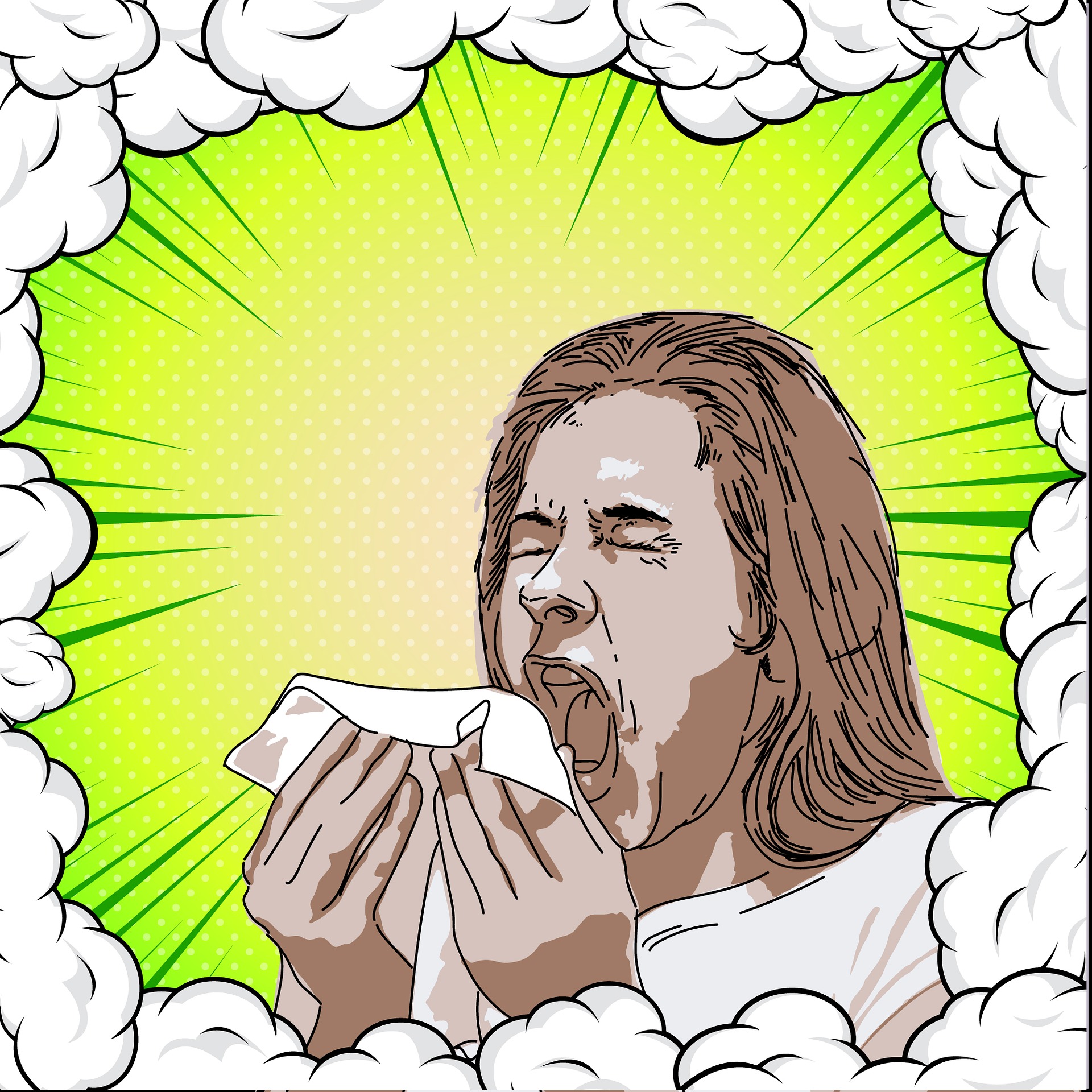 cartoon woman with tissue sneezing